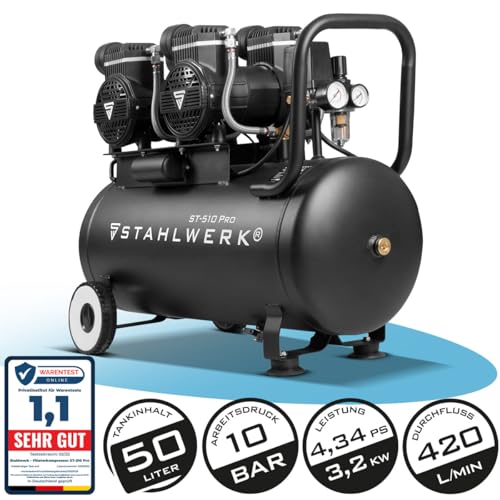 STAHLWERK ST-510 Pro Compressor met 10 bar, 4,3 pk, 3,2 kW, 420 l/min, 50 l tank, olievrije persluchtcompressor, zuigercompressor, stille compressor, fluistercompressor met borstelloze motoren - Afbeelding 3