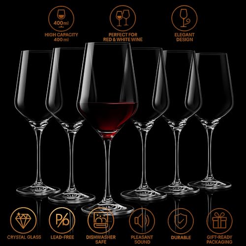 FLOW Barware Wine Glasses Set of 6 | 400ml Red & White Wine Glasses | Lead-Free Crystal Glass | Long Stem | for Home, Restaurants, Parties, Pubs | Dishwasher Safe Glass Set - Image 3