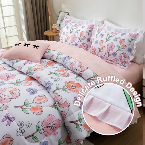 Image of A Nice Night 6 Piece Comforter Set Bed in a Bag with Comforter & Sheet Set,Chic Cute Rabbits Bow Printed Bedding Sets,Princess Ruffle Bedding for Kids Girls,Queen