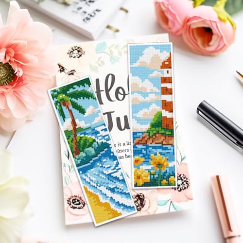 Image of ACRNIGHEET 6pcs Cross Stitch Bookmark Kits, Landscape DIY Cross Stitch Bookmarks, Embroidery Bookmark Cross Stitch Kits with Scenery Pattern, Stamped Cross Stitch Kit Bookmark for Beginners Adults