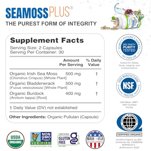 Power By Naturals Sea Moss Plus - USDA Certified Organic Wildcrafted Irish Seamoss, Bladderwrack & Burdock Root, Supplement for Immunity, 60Ct, 2 Pack - Image 3