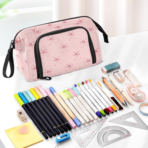 Image of Ribbon Bow Pink Pencil Case Pouch Big Capacity Pencil Bag Box Organizer Pen Case with Compartmens Stationery Organizer for Girls School College