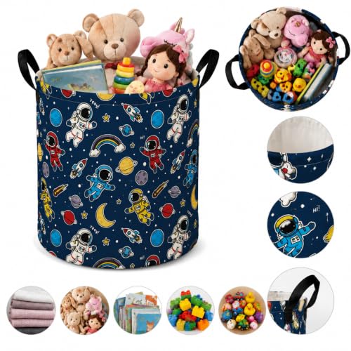Image of MAIZMZ Kids Storage Bin Astronaut Space Hamper,15.7 inch D x 19.7 inch H Waterproof Linen Laundry Basket with Leather Handles for Boys Room, Gifts