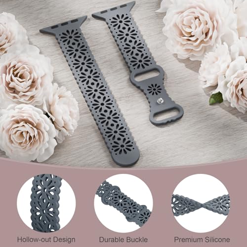 Image of Slim Lace Hollow-out Floral Silicone Bands Compatible with Apple Watch Band | Soft Thin Engraved Band Compatible with iWatch Band 38mm 40mm 41mm 42mm 44mm 45mm 46mm 49mm Series 11 10 9 8 7 SE 6 5 4 Ultra
