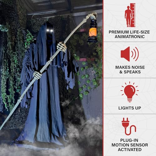 Haunted Hill Farm Motion-Activated 6-Ft. Tall Ghostly Guide, Plug-in Talking Scare Prop Animatronic with Spooky Sound Effects and Lights for Indoor or Covered Outdoor Creepy Halloween Decoration