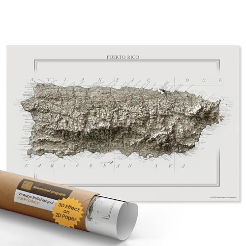 Restoration Cartographic Wall Map of Puerto Rico - Vintage Shaded Relief Print - 2D Topographic Wall Art for Home Decor, Office - World Countries Maps - 12 x 18 Inches