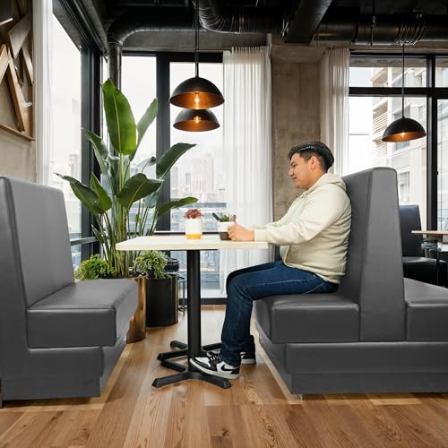 Image of FDP Double-Sided Four Person Commercial-Grade Durable Vinyl Restaurant Booth Seat Heavy-Duty Wall-Flush Design for Diner, Lounge and Cafeteria Bench Seating, Two Step Assembly - Dark Gray