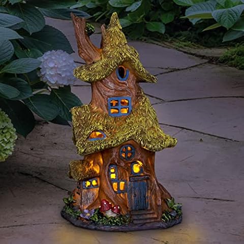 Exhart Garden Statue, Solar Thatched Roof Tree House Garden Sculpture, 3 Amber LED Lights, Outdoor Resin Lawn and Yard Decoration, 7.5 x 7.5 x 13 Inch Cover