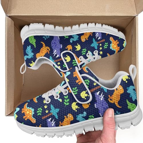 Little Kid Shoes Boys Girls Sneakers Tennis Running Lightweight Breathable Shoes Dinosaur Tree Pattern（White Sole）2