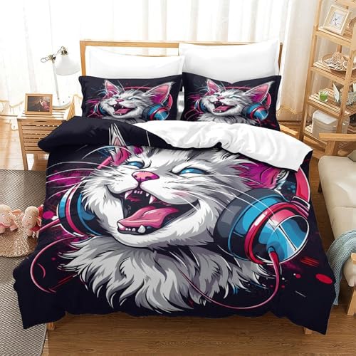 Parure de Lit Chat avec Housse de Couette Imprimé 3D en Microfibre