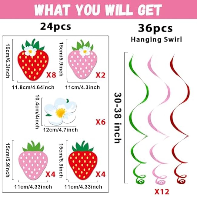 60 Pcs Strawberry Party Decorations Strawberry Birthday Banners Berry Theme First Birthday Hanging Swirl Ceiling for Kids Girls Baby Shower Party Favor Supplies