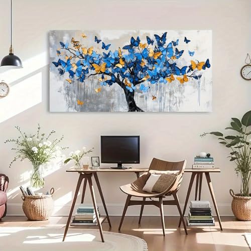 Impression sur toile abstraite bleue détails dorés cadre bois de qualité - 2