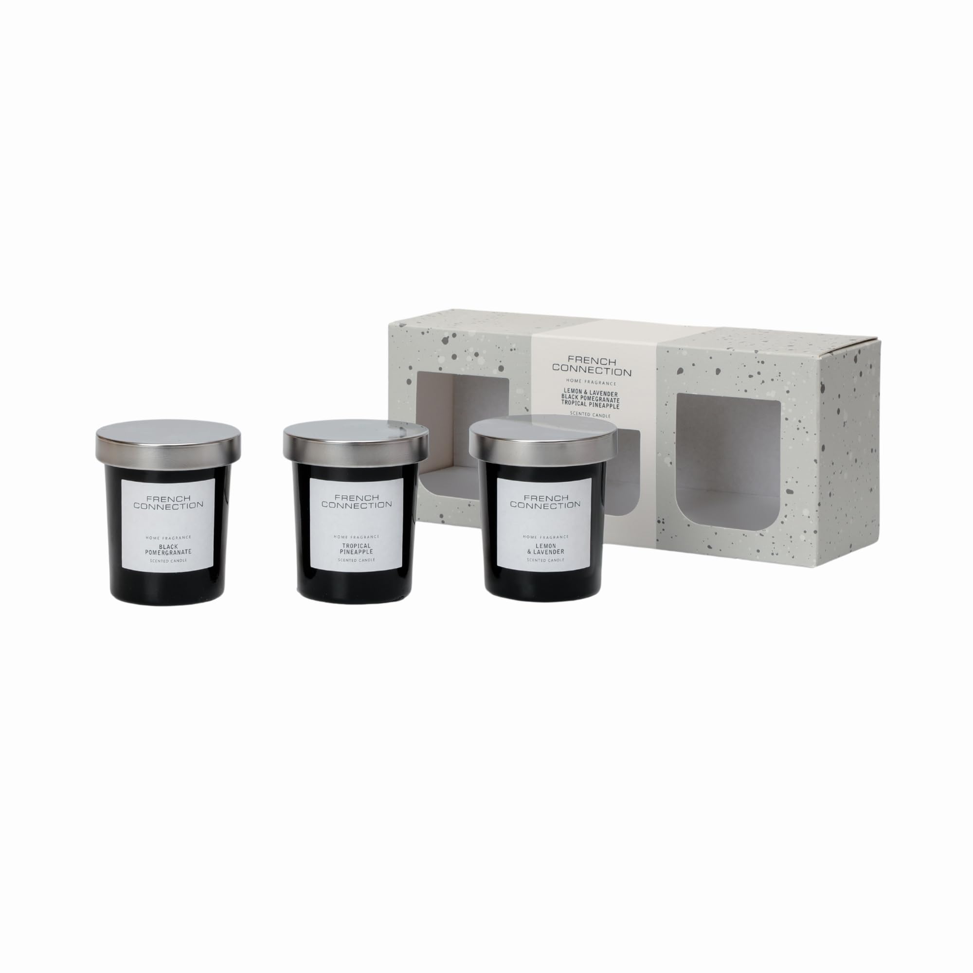 French Connection Black Collection Scented Jar Candles Gift Set of 3 | Premium Shea Butter Wax | Long Burning Candles | (Set - 54G X 3, Lemon & Lavender, Black Pomegranate, Tropical Pineapple)