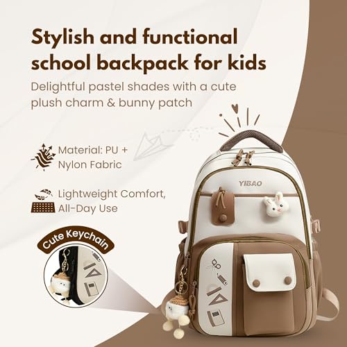 Image of Cute School Backpack for Girls - Stylish Pink & White Large Capacity Bookbag with Plush Keychain, Multiple Pockets, Lightweight Travel & College Bag