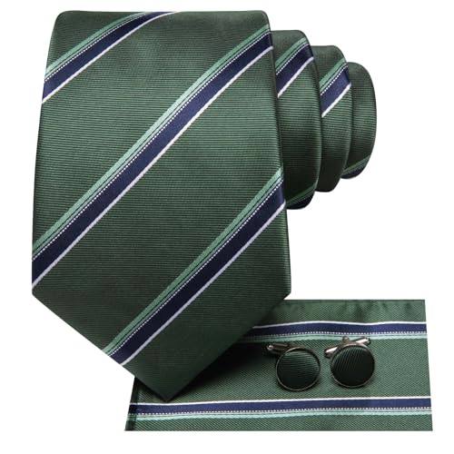 Image of Dubulle Mens Paisley Blue Green Striped Tie and Handkerchief Cufflinks Tie Set for Men Wedding Business Formal