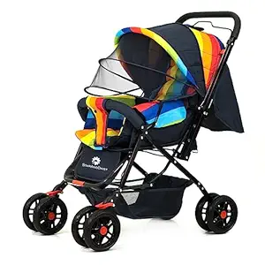Sunrise Baby Stroller Pram for 0 to 3 Years Girls & Boys, Lightweight Stroller with 3 Point Safety Harness, Adjustable backrest, 360 degree Swivel Wheel, Large storage basket, Reversible Handlebar with Extended Mosquito Net (Pi Rainbow)