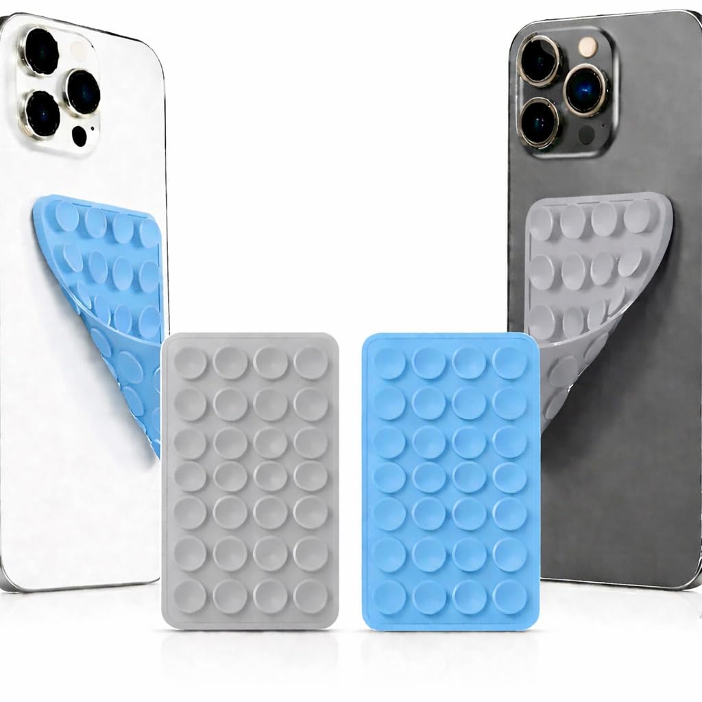 GooseBox Suction Cup Phone Case Mount, Double-Sided Suction Phone Case Anti-Slip Silicon Sticky Stand Hands-Free Strong Grip Holder for Selfies and Videos (Grey & Sky Blue, Pack of 2)-image-10