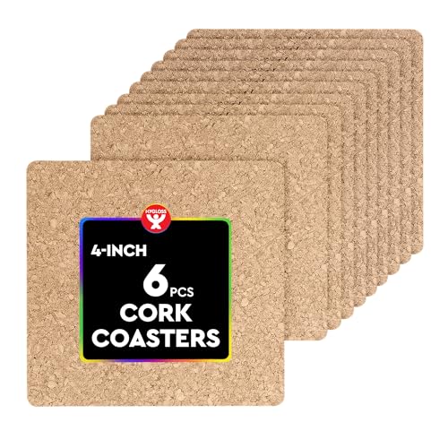 Hygloss Products Natural Cork Coasters - Eco Friendly Absorbent Square for Drinks, Trivets, and DIY Crafts, 3mm, 4 inch, Set of 6
