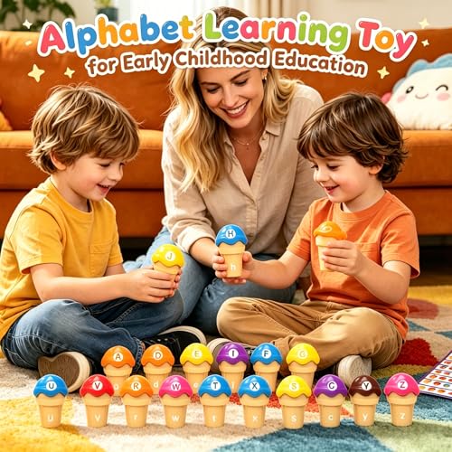 Image of Ice Cream Alphabet Cones Matching Toy,ABC Letter Matching and Color Sorting Learning Educational Game with Word List Uppercase Lowercase Recognition,Preschool Montessori Activities for Kids 3+