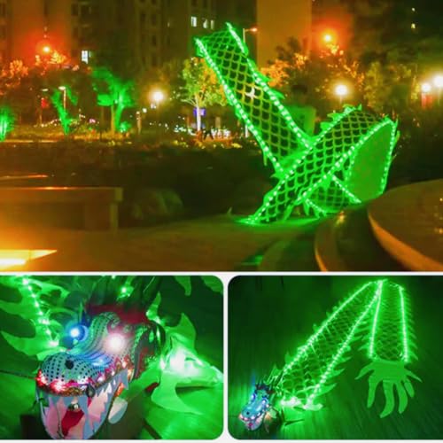 Lightup Lightweight 3D Dragon Poi, Outdoor Dance Dragon Ribbon Streamer with LED, 200g Plastic Dragon Head, Swing Rope and Carry Bag Combo Fitness Stage Performance Prop Set (LED GREEN, 6 Meters)