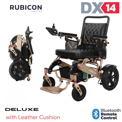 Image of Rubicon DX14 - Longest Range 30 Miles, Airline Approved Electric Wheelchair, Dual 12AH Lithium Batteries, 2x300W Motors, Leather Cushion, Foldable, Lightweight & Powerful (Bronze)