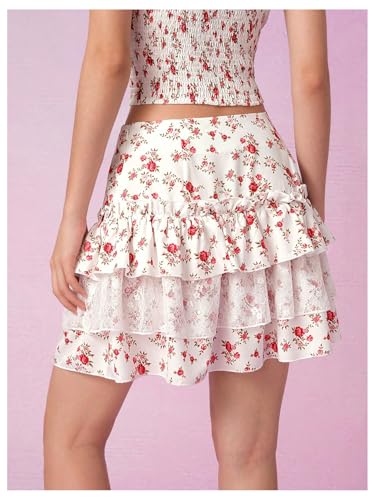MakeMeChic Women's Floral Print Lace Trim Skirt Tiered Ruffle Hem Short Skirts3