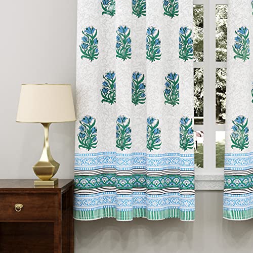 Image of BLOCKS OF INDIA Hand Block Printed Cotton Daylight Curtains with Eyelets(Set of 2 Curtains) (Flower 2, 5 FEET /Window)