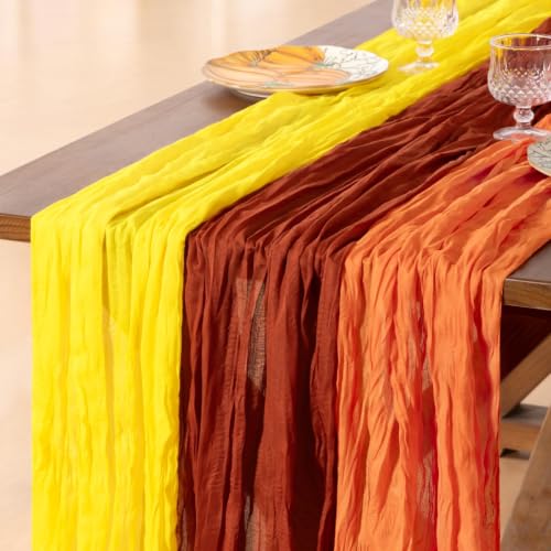 Image of Cheesecloth Table Runner Fall Boho 3pcs Mix and Match Wedding Decor | Terracotta Orange Yellow Rustic Gauze 10FT Cheese Cloth Sheer Farmhouse Runner for Wedding Party Holiday Decorations