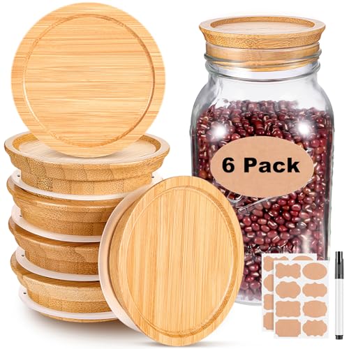 Yomarket 6 Pack Bamboo Mason Jar Lids Regular Mouth with Silicone Airtight Reusable Wooden Storage Lids with 2 Label and 1 Pen