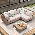 JOYURE 5 Piece Wicker Patio Furniture Set,Outdoor Conversation Sectional Sofa w/Coffee Table,All-Weather Outdoor Sofa with Thick and Anti-Slip Cushions for Deck,Poolside,Garden,Beige