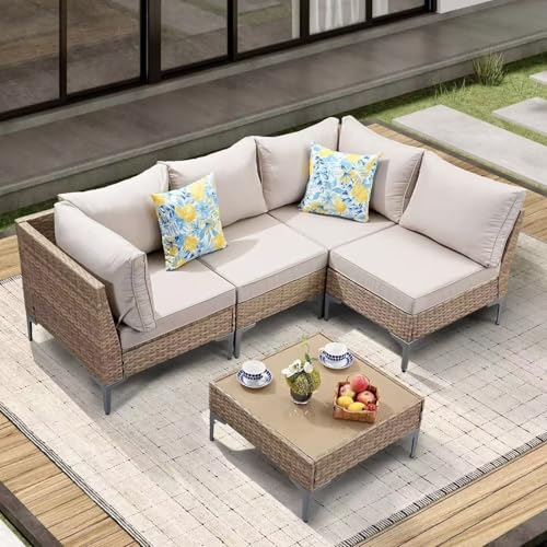JOYURE 5 Piece Wicker Patio Furniture Set,Outdoor Conversation Sectional Sofa w/Coffee Table,All-Weather Outdoor Sofa with Thick and Anti-Slip Cushions for Deck,Poolside,Garden,Beige
