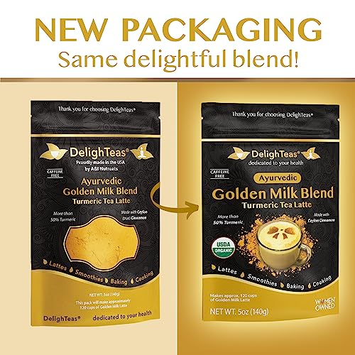 Delighteas Organic Golden Milk Powder With Turmeric, Ginger, Ceylon Cinnamon | Ayurvedic Spices For Golden Turmeric Latte, Smoothie, Cooking | Unsweetened, Vegan, Non-Gmo, Keto | 120 Servings, 5 Oz. #TOP3