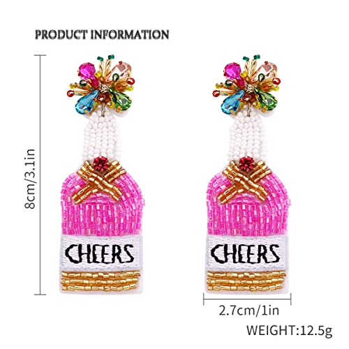 Dvacaman Beaded Fun Champange Bottle Earrings For Women Girls- Handmade Bead Champagne Bottle Sparkling Wine Drop Dangle Earring Statement Jewelry (Barbie Powder) #TOP1