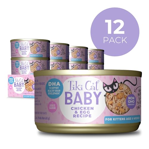 Image of Tiki Cat Baby, Chicken & Egg, High-Protein and 100% Non-GMO Ingredients, Wet Cat Food for Kittens 8 Weeks+, 2.4 oz. Cans (Pack of 12)