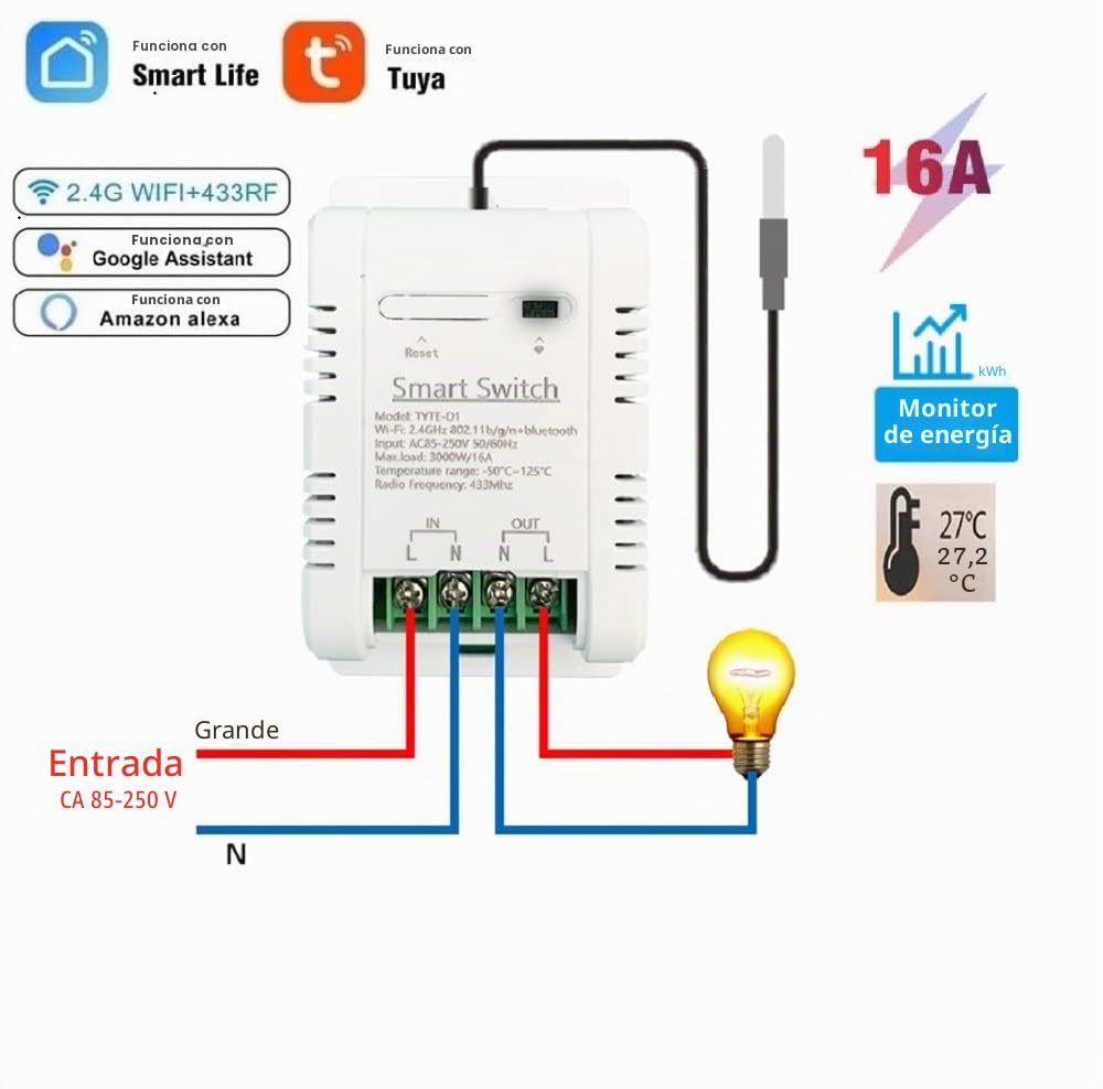 Módulo de sensor de controlador de temperatura WiFi, aplicación Tuya Control remoto inalámbrico 16A Interruptor inteligente con monitoreo de consumo de energía, funciona con Alexa Google