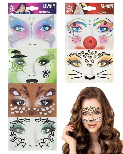 BNREOZA Adesivi per arte del viso in 6 pezzi, tatuaggi facciali glitterati animali Mardi Gras, set di tatuaggi temporanei per Mardi Gras, festa in costume animale di Halloween