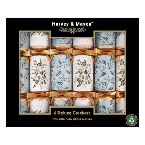Harvey & Mason Pack of 6 Deluxe White Blue Gold Christmas Crackers - 13.5 Metallic Festive Xmas Holiday Dinner Table Decorations - Novelty Fun Prizes Gifts Contains Hats Jokes Duck Egg