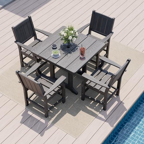 Pamapic 5 PCS Outdoor Dining Set, Spacious HDPE Outdoor Table and Chairs, Wood Grain Patio Dining Sets with Elegant Armrest, All-Weather Outdoor Dining Table with Umbrella Hole, Gray