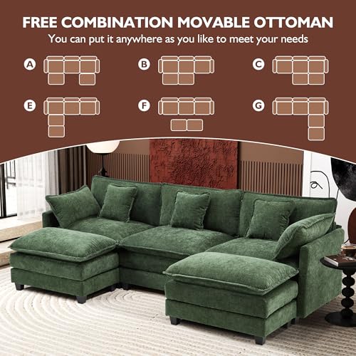 Image of Ihanherry 111.4 inch U Shaped Modern Sofa Modular Sectional Cloud Couch with 2 Ottoman, 5-Seat Chenille Deep Seat Sofa with Pillow for Living Room, Bedroom and Apartment, Green