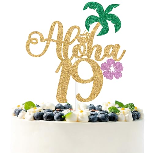 Gold Glitter Aloha 19 Cake Topper, Hello 19/Happy 19th Birthday, Summer Hawaiian Luau Tropical Pineapple Themed 19th Birthday Decorations