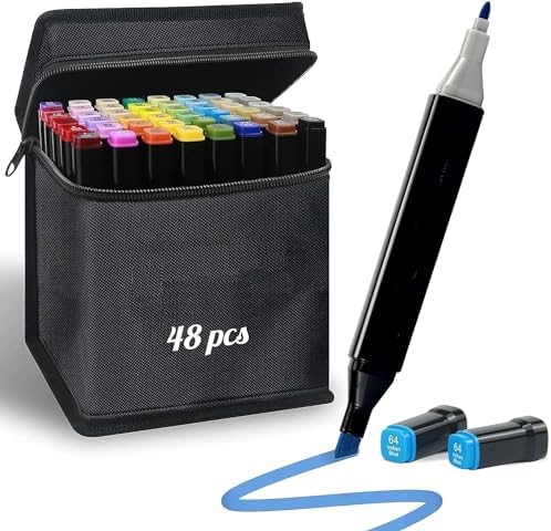 SKYGLORY Alcohol Marker Pen Set, Fine & Chisel Dual-Tip Sketch Marker Set With Carrying Case For Drawing, Sketching, Anime, Manga (48