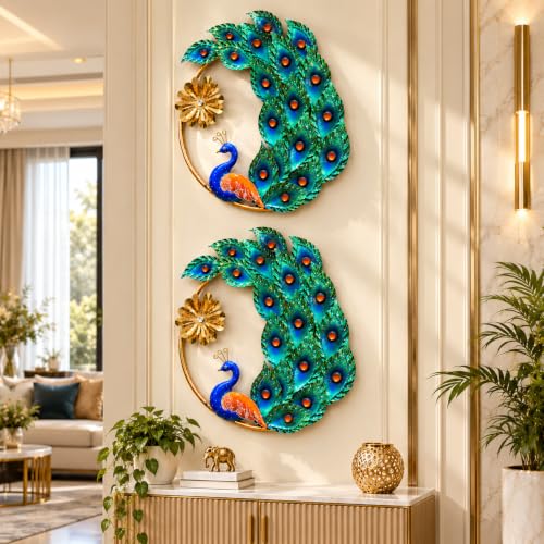 Image of SHREE 'O' GREEN TECH - Premium Handcrafted Round Peacock Metal Wall Hanging Showpiece Set of 2, Artistic Blue Green Bird Design with Gold Finish, Home Decor for Living Room, Hall & Bedroom