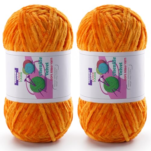 Image of Chenille Velvet Yarn for Crocheting, Orange Fuzzy Fluffy Yarn for Crochet | 2 Pack of 3.5 Oz /131.2 Yds Bulky Thick Chunky Yarn for Crocheting, Soft Amigurumi Yarn for knitting Baby Blankets, Scarves