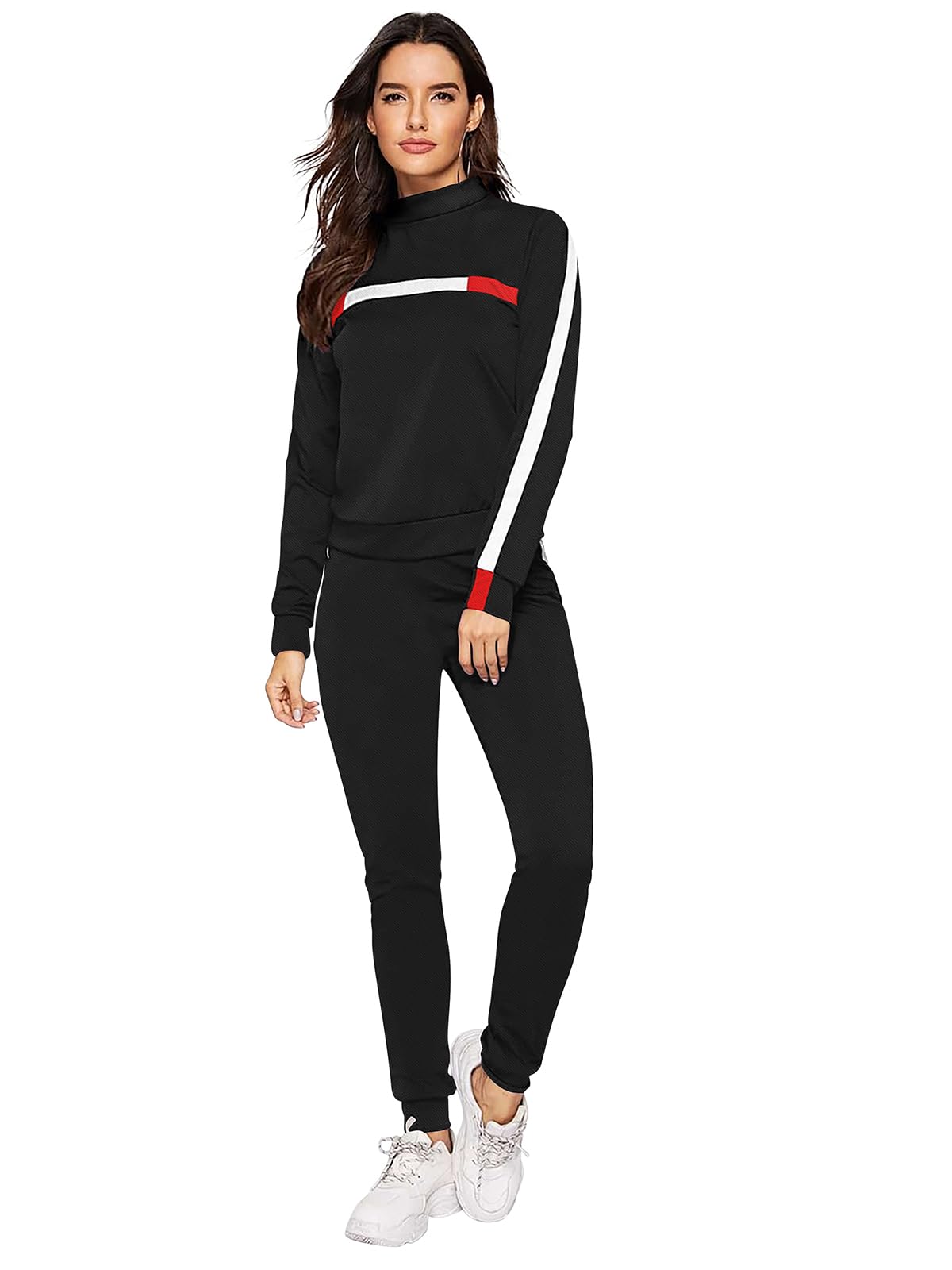 Women's Tracksuit Set, 2 Piece Long Sleeve Sweatshirt and Pants, Athletic Sportswear (IN, Alpha, L, Regular, BLACK)-image-38
