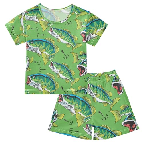 Pajama Sets Short Sleeve Large Mouth Green Bass Tuna Fish Soft Cotton Summer Sleepwear 2 Piece PJS Size 5-14T