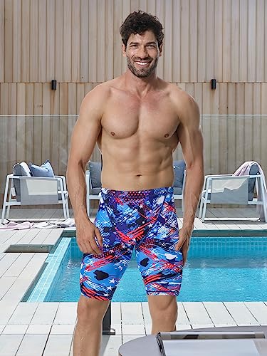 K898 Men's Swim Jammers UPF50+, Swim Training Printed Jammer Swimsuit Endurance Compression for Men (BlueColorful-WF, S)