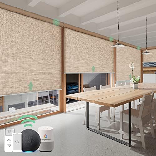 Yoolax Motorized Smart Shade with Remote Control Work with Alexa, Electric Half-Shading Roller Window Blind Customized Size, Privacy Automatic Rechargeable Battery Solar Shade for Home (Wooden Beige)