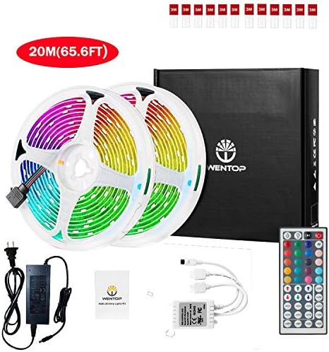 WenTop Led Strip Lights Kit 65.6ft(20M) 5050 SMD RGB Flexible LED Tape Lights with Power Supply and 44Key IR Remote Controller for Under Cabinet Lighting Bedroom, Living Room