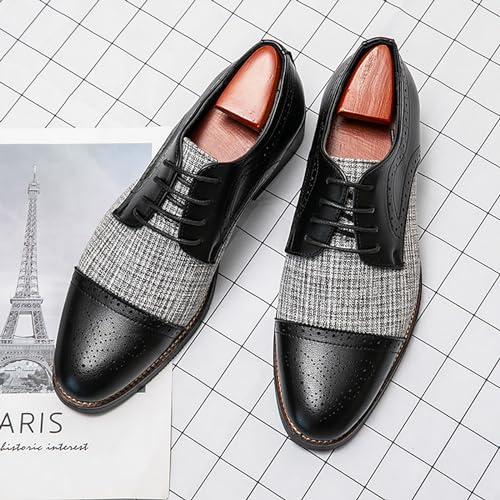 Image of Men's Two Tone Patchwork Brogue Oxfords Shoes,Fashion Classic Round-Toe Lace Up Low Top Leather Dress Shoes,Comfort Hand Stitched Business Formal Derby Shoes (Black,11.5)