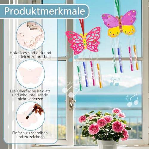 Werownsgso 10tlg Schmetterling Stil Handwerk Set, Schmetterling Holz Handwerk Set, DIY Windspiel Bastelse Set mit 40 Windspiele，Geschenke für Geburtstag Frühling Gekritzel Gartende